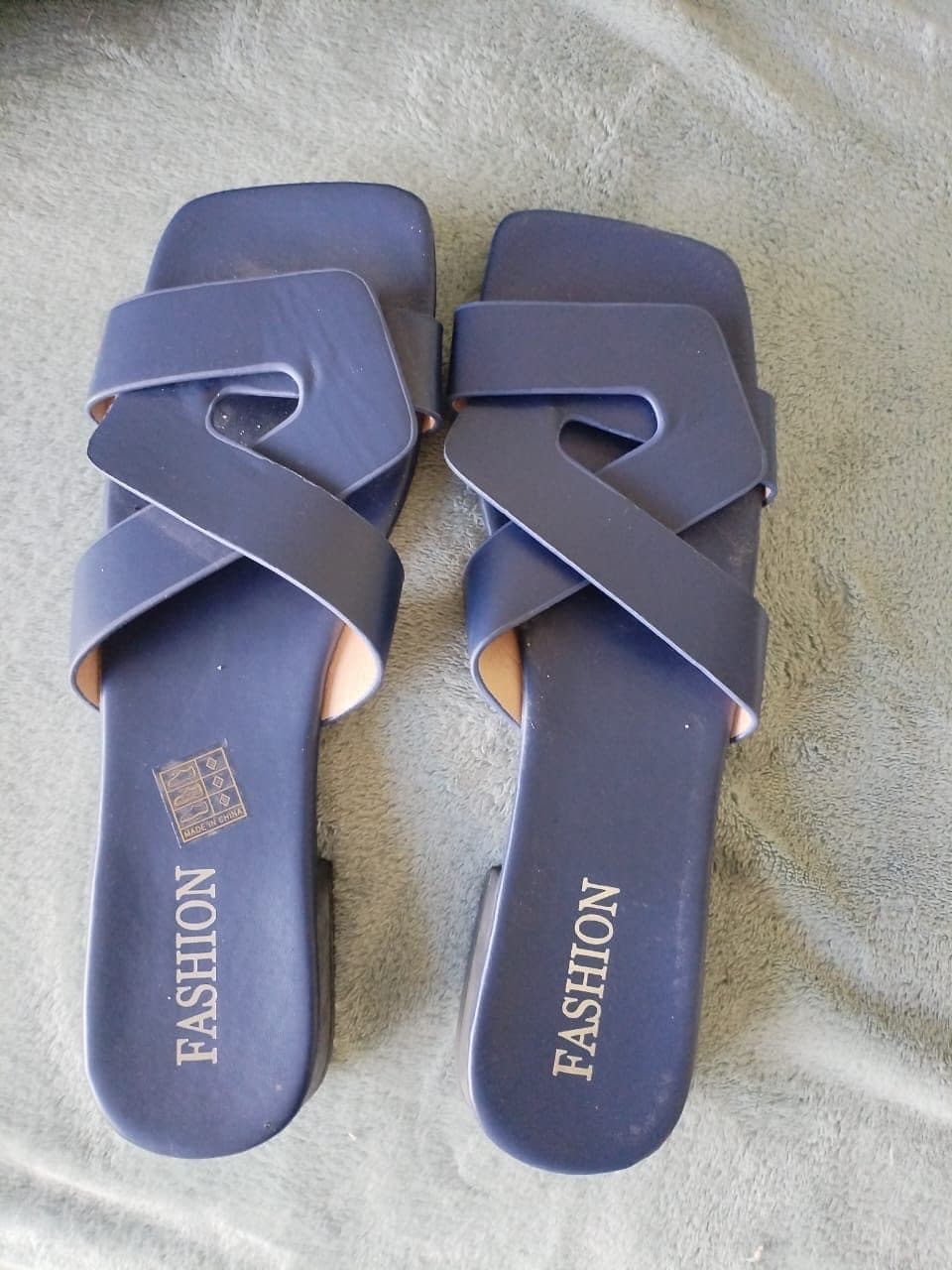 Navy square-toe cross-strap flat slide sandals