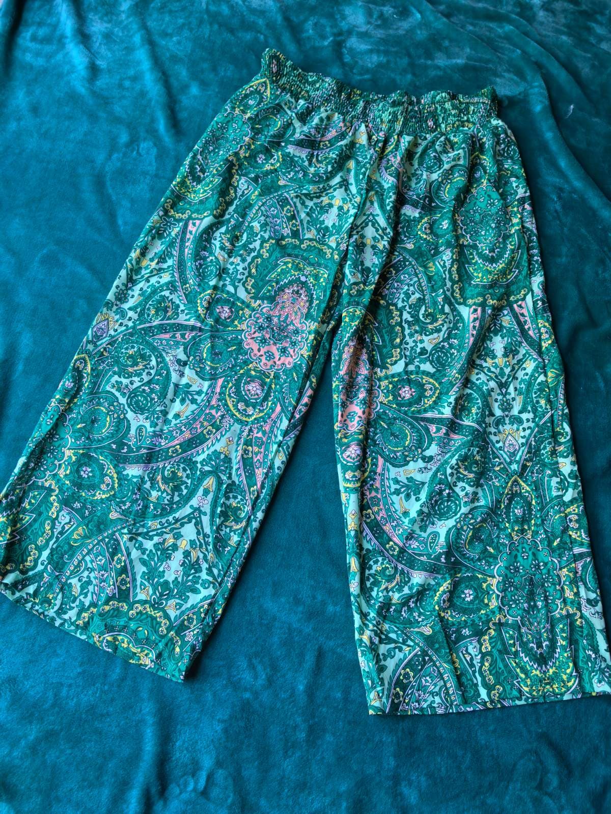 Green paisley wide-leg culotte pants, photo 2