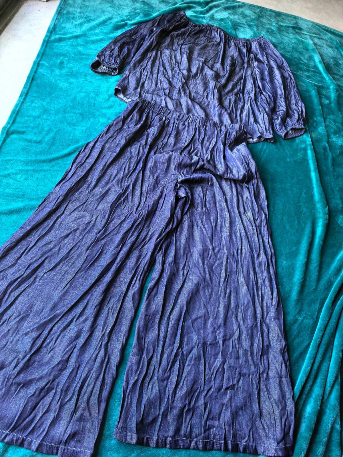 Indigo chambray off-shoulder top and wide-leg pants set