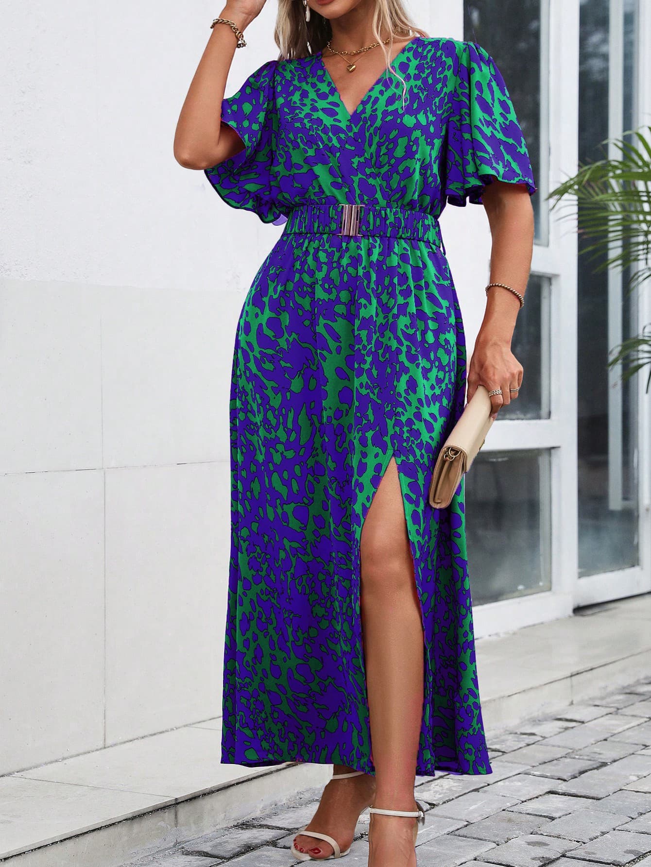 Green and blue abstract print ruched shirt dress
