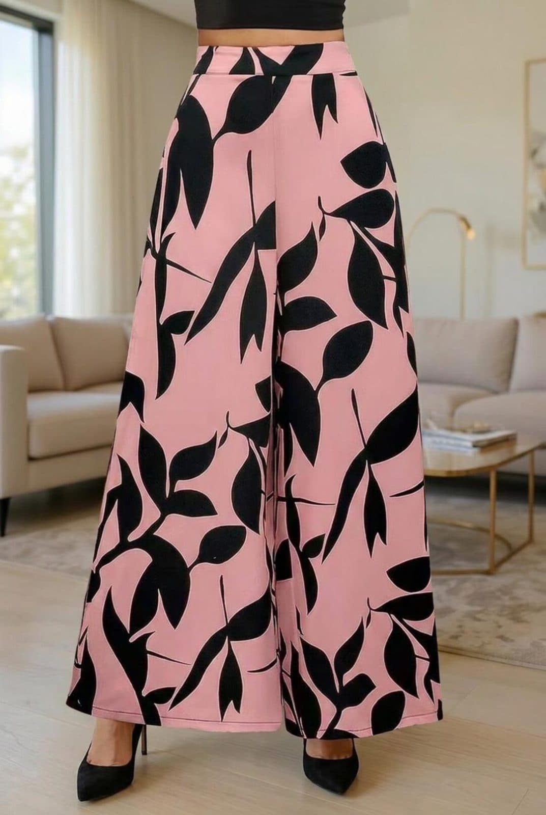 Pink and black botanical print wide-leg pants