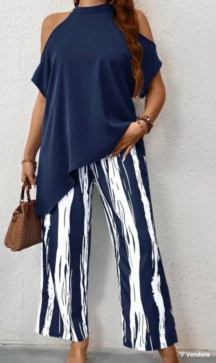 Navy and white abstract stripe wide-leg pants, photo 2