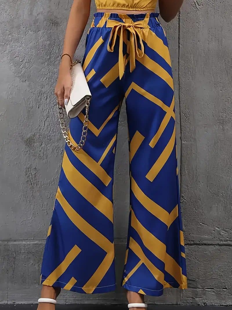 Blue and yellow geometric print wide-leg culottes